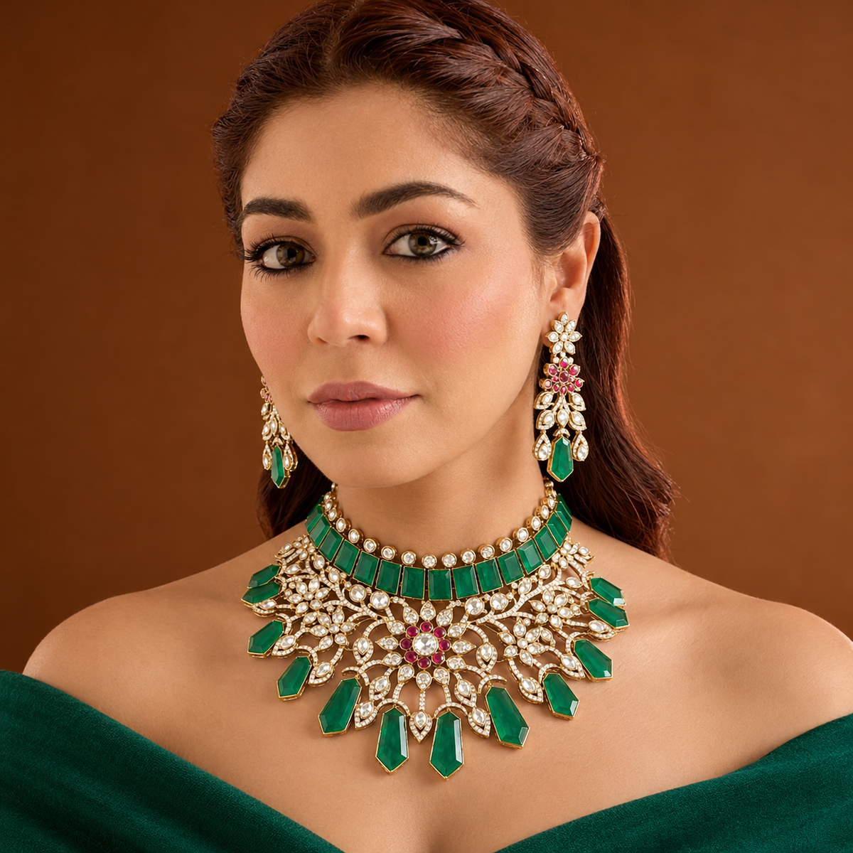 Gold plated emerald green kundan bridal choker necklace set with ruby-pink flower centre, green drops and matching chandelier earrings