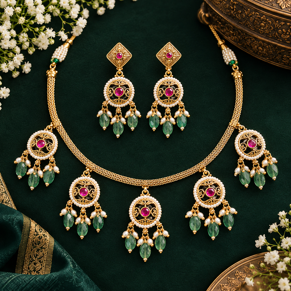 Antique gold plated choker necklace set with ruby pink medallions, mint green bead and pearl drops and matching earrings on a blue bust