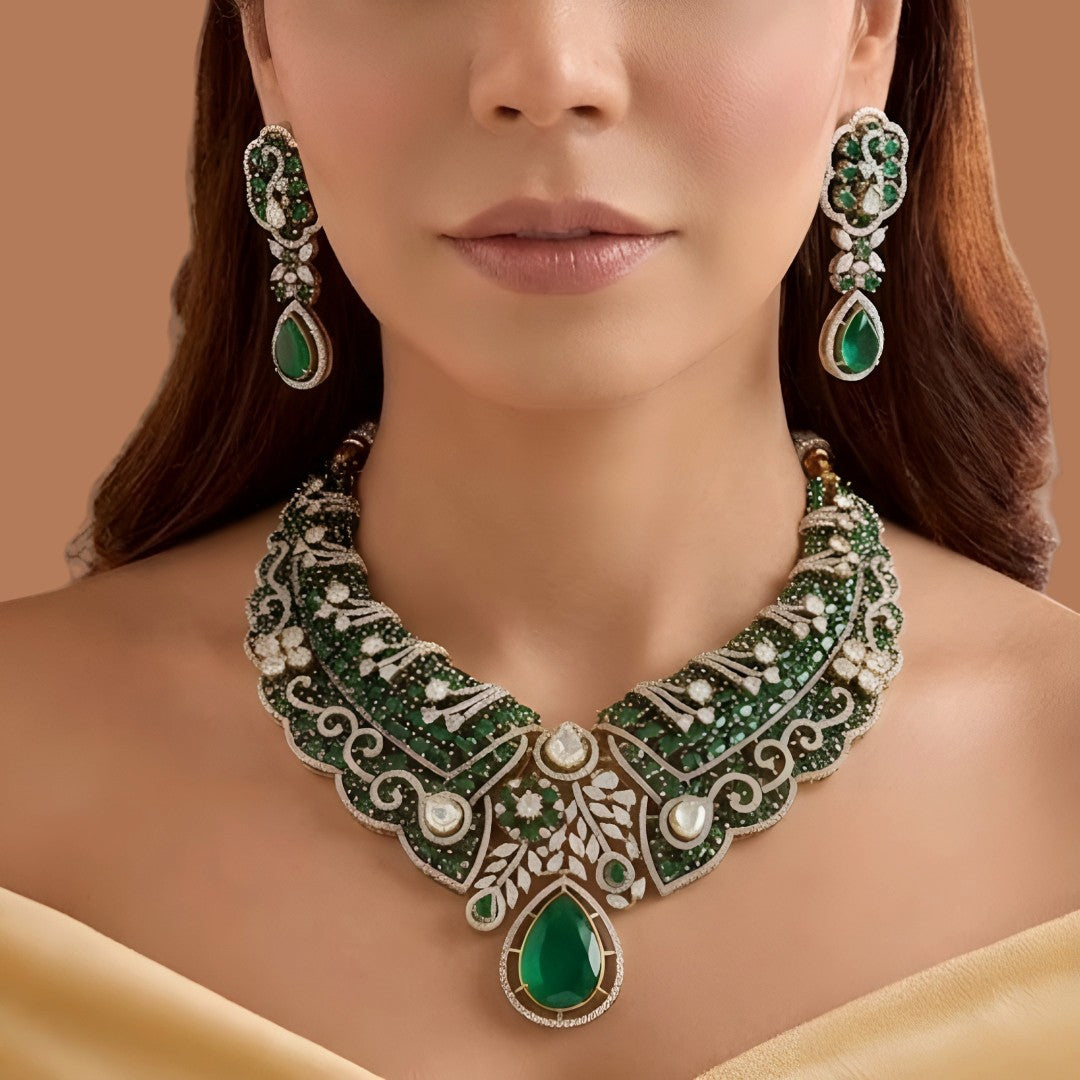 Gold plated emerald green Victorian bridal choker necklace set with American diamond scrollwork, green pear drop pendant and matching earrings