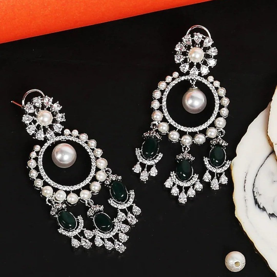 Silver Zircon Pearl Chandelier Earrings