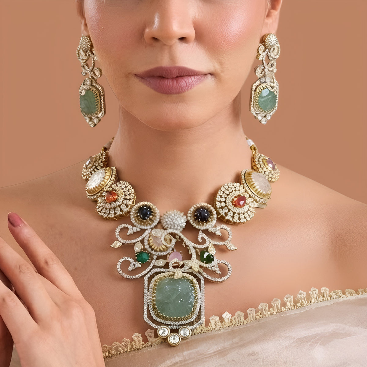 Antique gold Victorian American diamond necklace set with mint green carved centre stone, zircon pavé scrollwork and matching long drop earrings