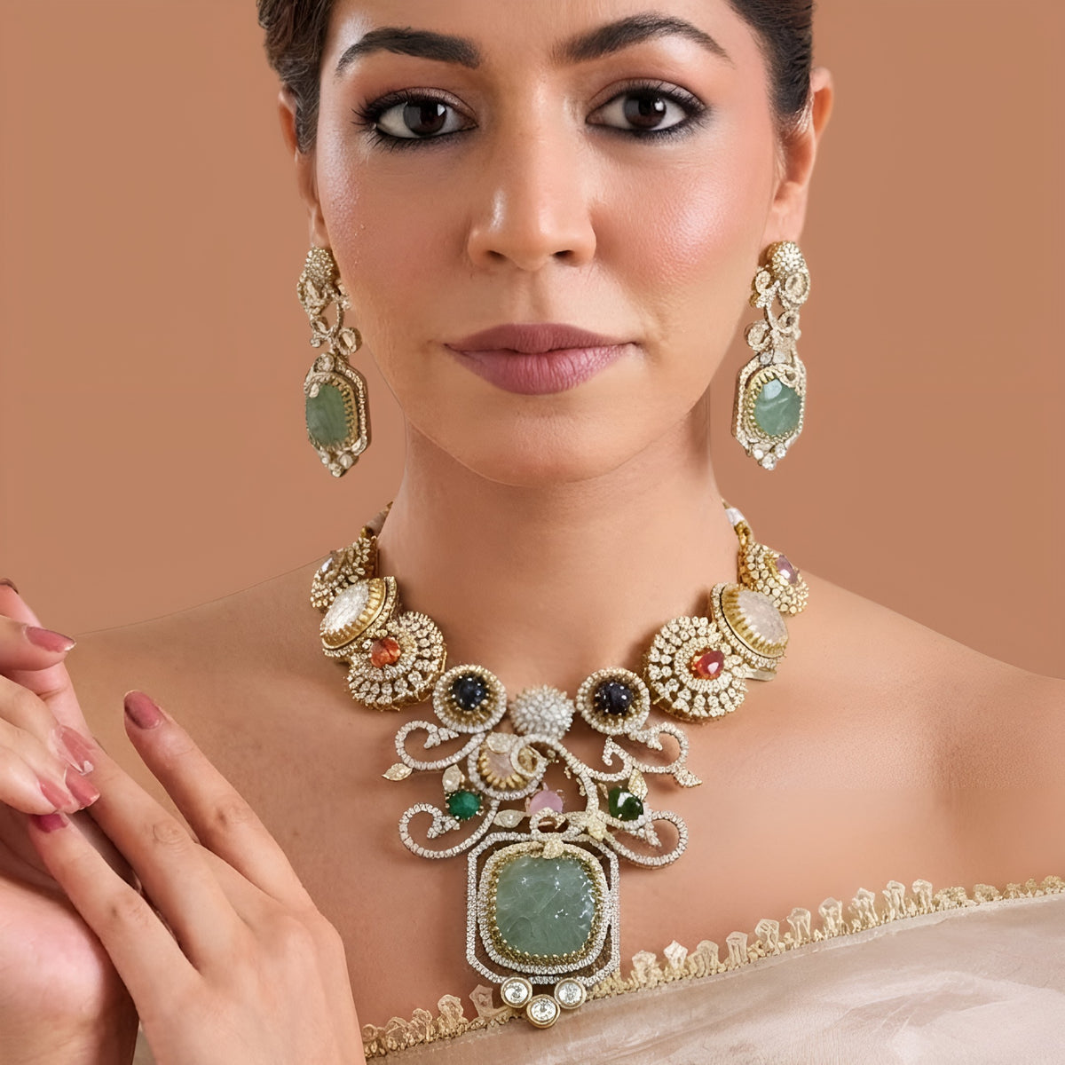 Antique gold Victorian American diamond necklace set with mint green carved centre stone, zircon pavé scrollwork and matching long drop earrings