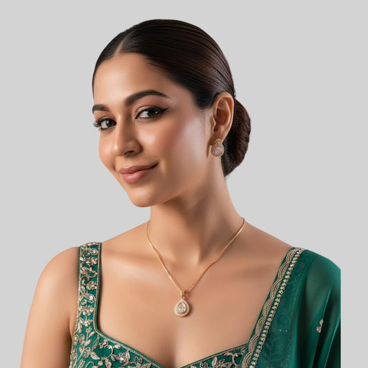 Gold-Plated Teardrop Crystal Pendant Necklace Set with Matching Earrings for Women