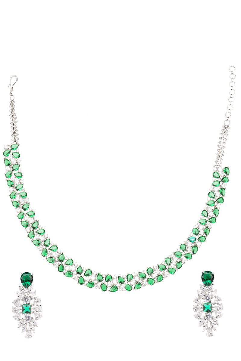 Enchanting Rhodium Finish Green Necklace Set