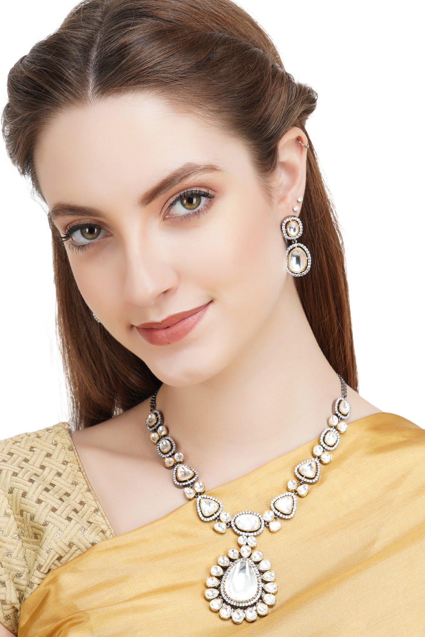 Opalescent Gold Plated Kundan Long Necklace Set