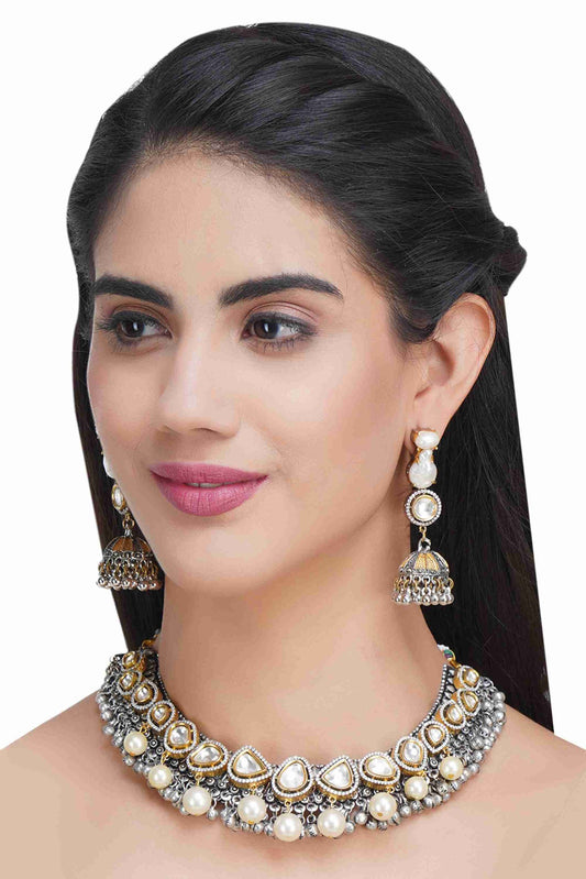 Antique Silver-Plated Kundan Necklace Set with Pearl Drops