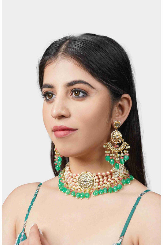 Multi-Strand Gold-Plated Kundan Choker Necklace with Earrings