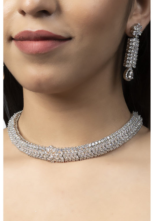 Lustrous Rhodium Finish Diamonte Necklace Set