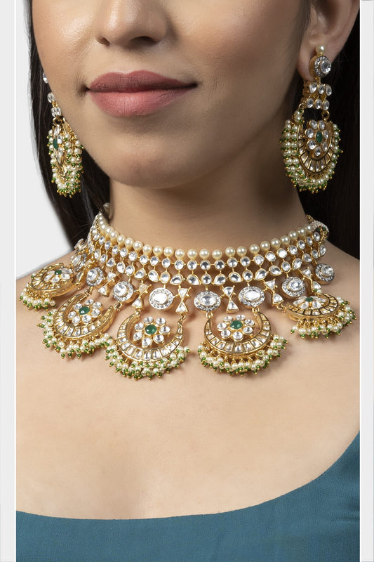 Gold-Plated Chandbali Necklace Set with Pearls and Green Accents