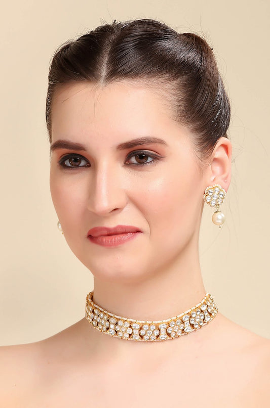 Gold-Toned Kundan Choker Necklace Set with Pearl Accents