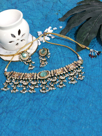 Tantalizing Silver Mint Green Kundan Necklace set