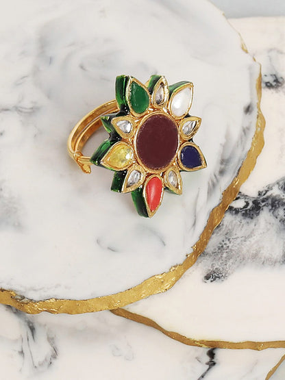 Luxurious Sterling Silver Gold Plated Kundan Multicolor Ring