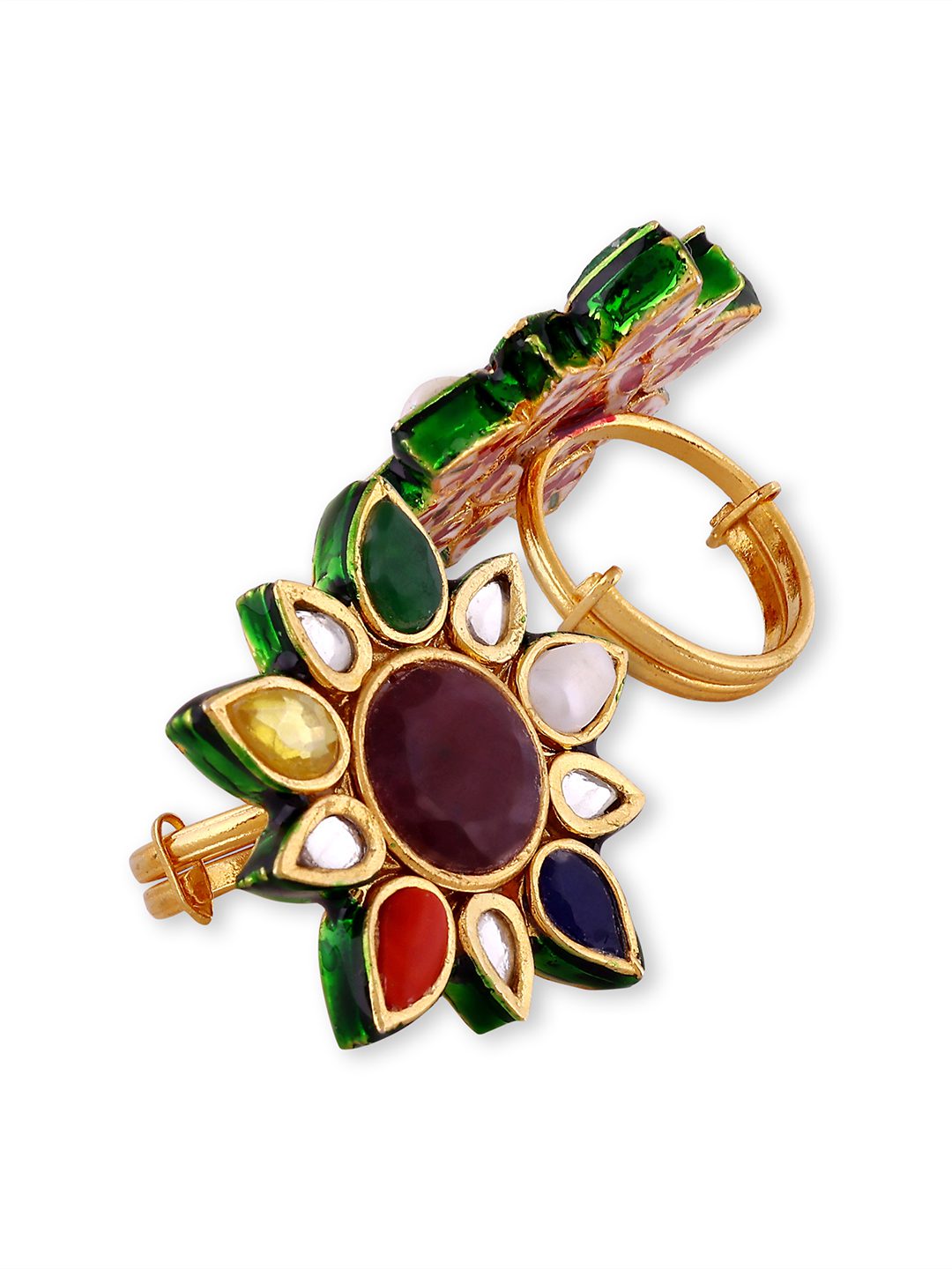 Luxurious Sterling Silver Gold Plated Kundan Multicolor Ring