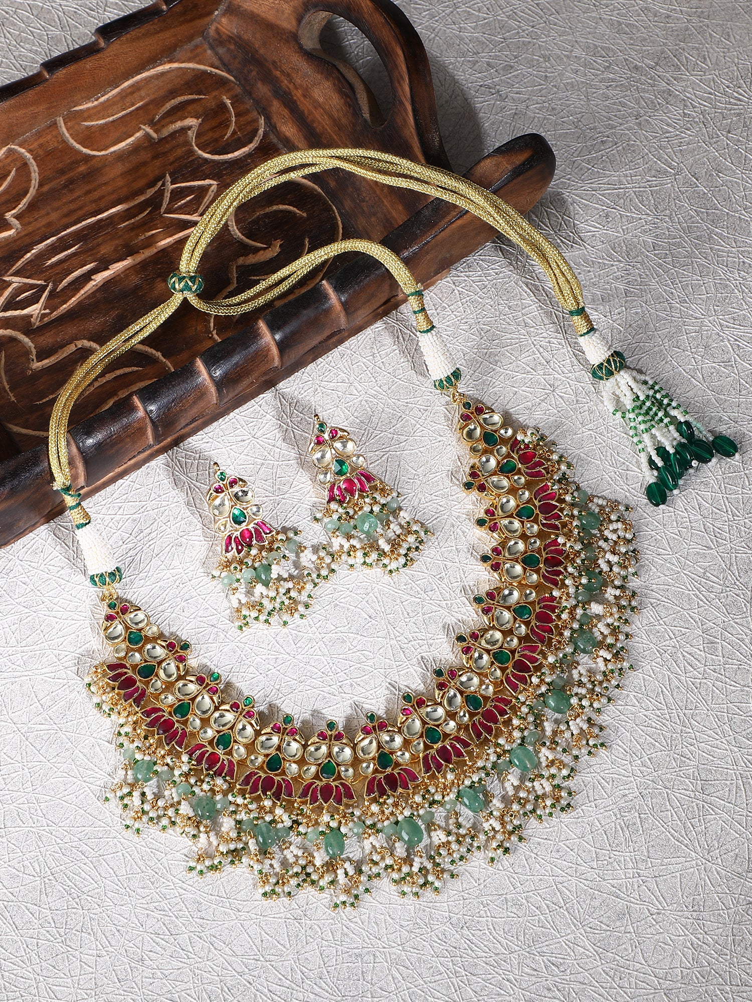 22KT Gold Plated Kundan Red and Green Necklace Set For women and Girls