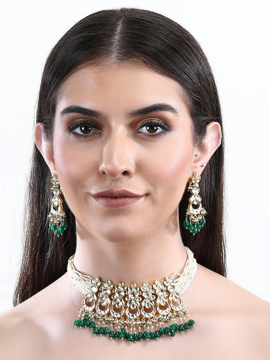 22KT gold Plated Kundan Classic Green Choker Necklace Set for women and Girls