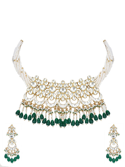 22KT gold Plated Kundan Classic Green Choker Necklace Set for women and Girls