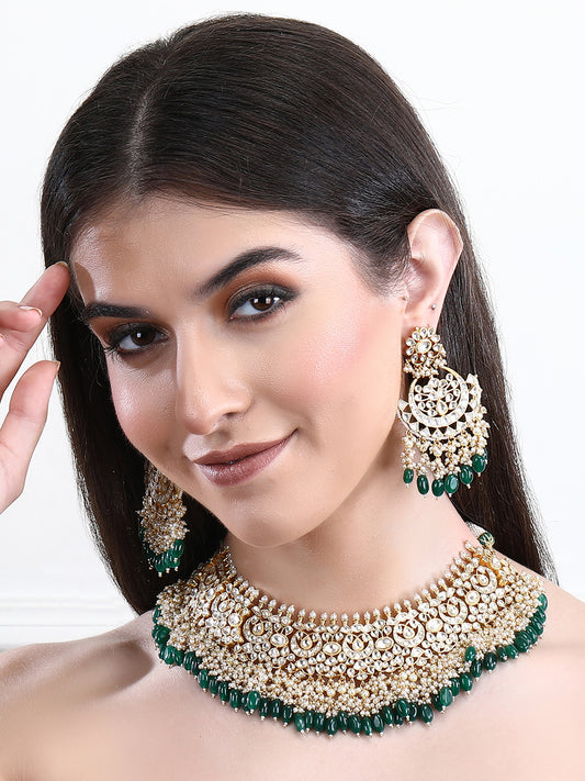 22KT Gold Plated Kundan Classic Green Necklace Set For women and Girls