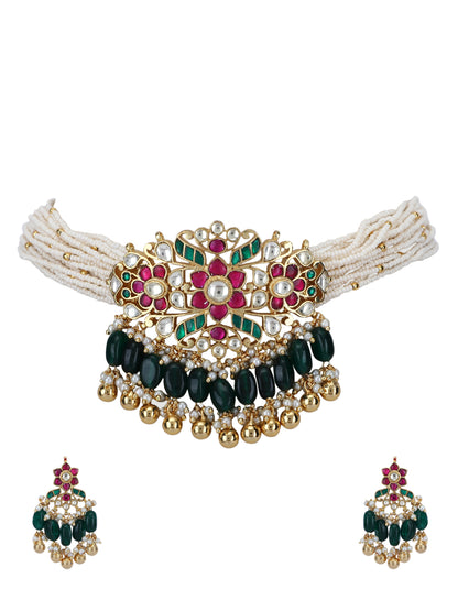 22KT Gold Plated Kundan Red and Green Choker Necklace Set For women and Girls