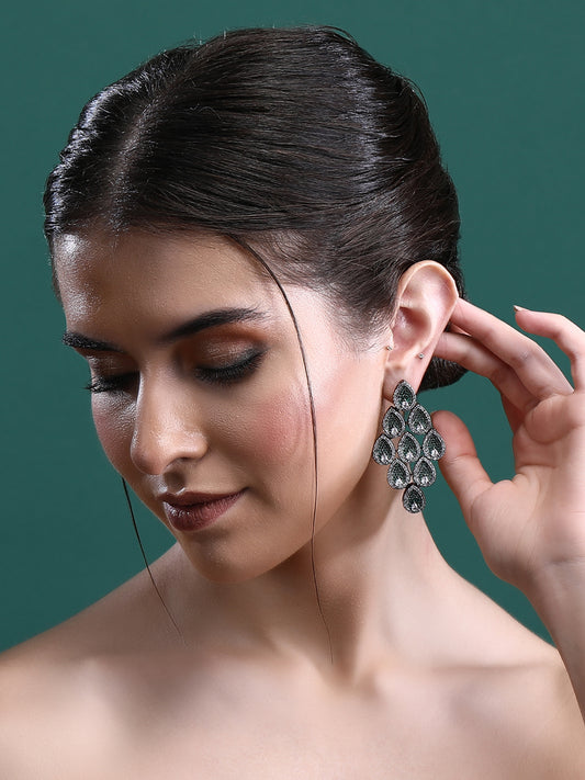 Rhodium Plated American Diamond Zircon Green Earring Set For women and Girls