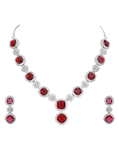 Rhodium Plated American Diamond Zircon Red Necklace Set For Women and Girls