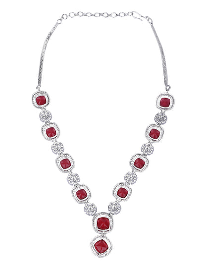 Rhodium Plated American Diamond Zircon Red Necklace Set For Women and Girls