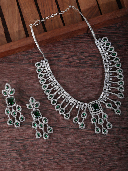 Rhodium Plated American Diamond Zircon Green Necklace Set For Women and Girls