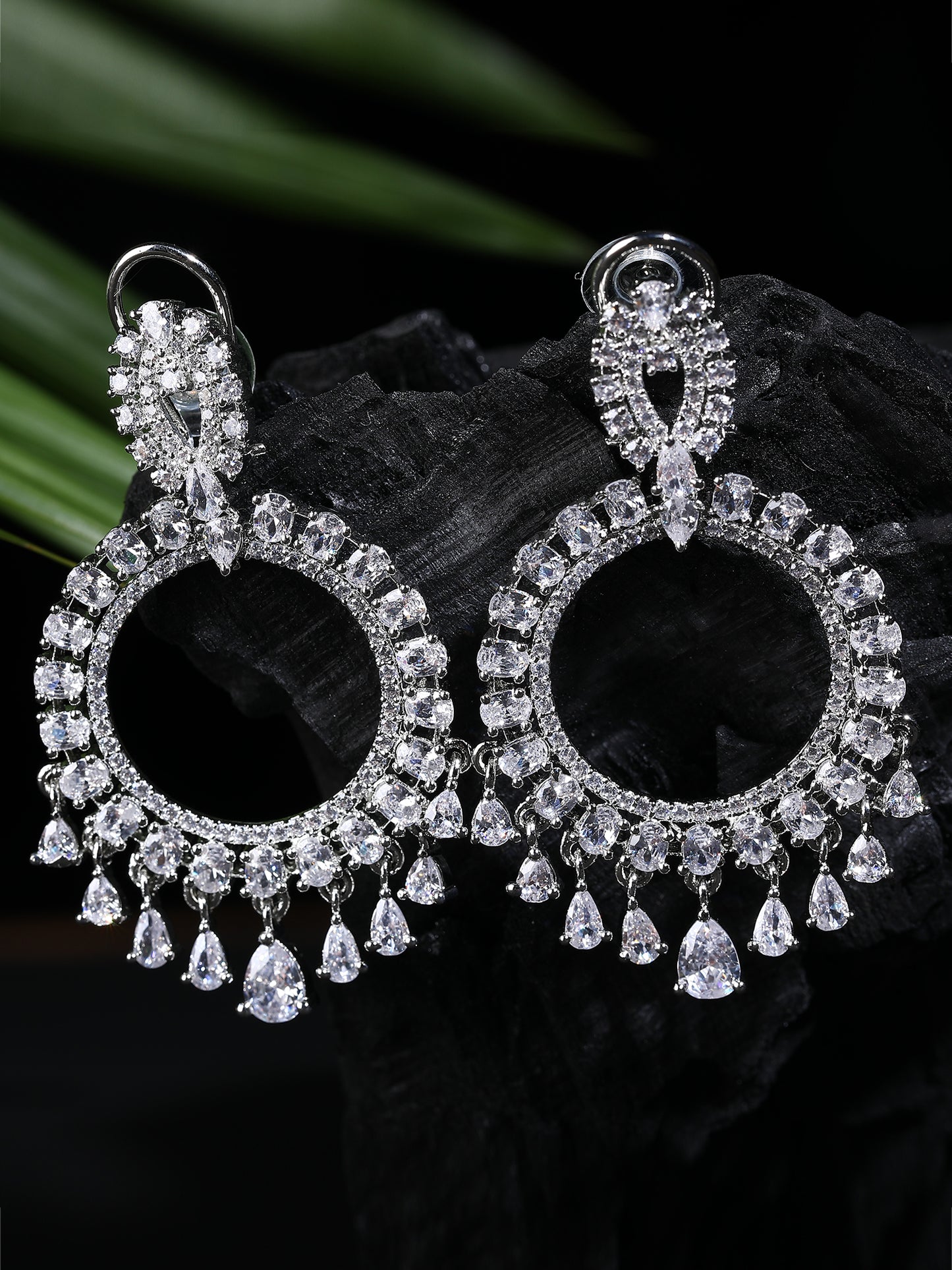 Rhodium Plated American Diamond Zircon White Earring Set For Women and Girls