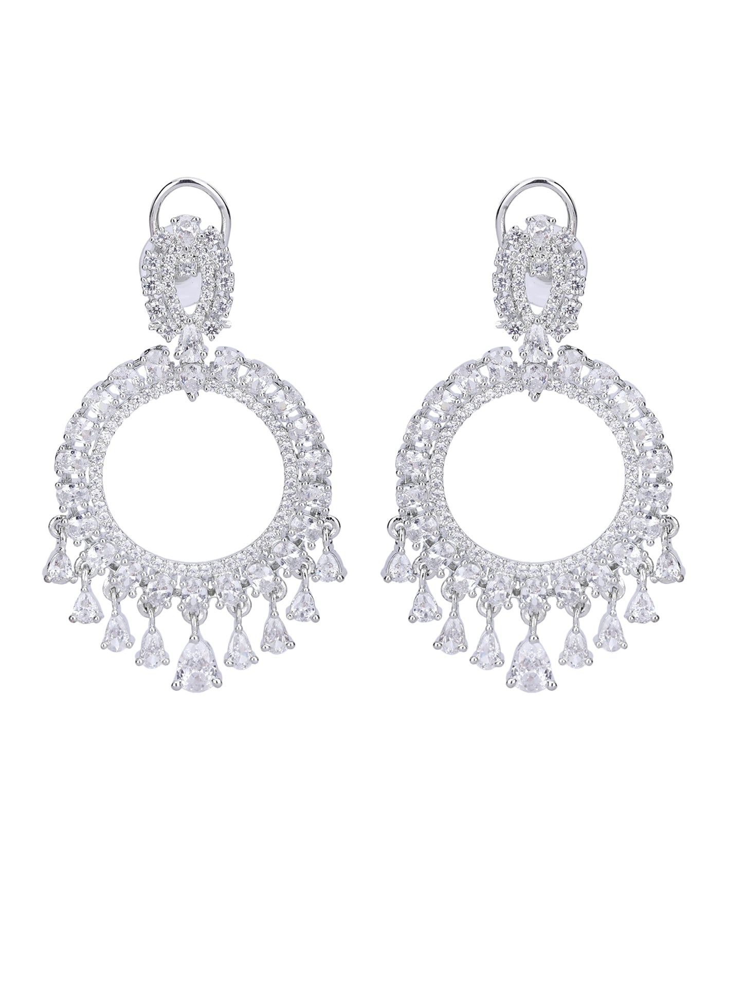 Rhodium Plated American Diamond Zircon White Earring Set For Women and Girls