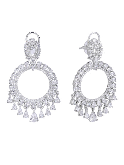 Rhodium Plated American Diamond Zircon White Earring Set For Women and Girls