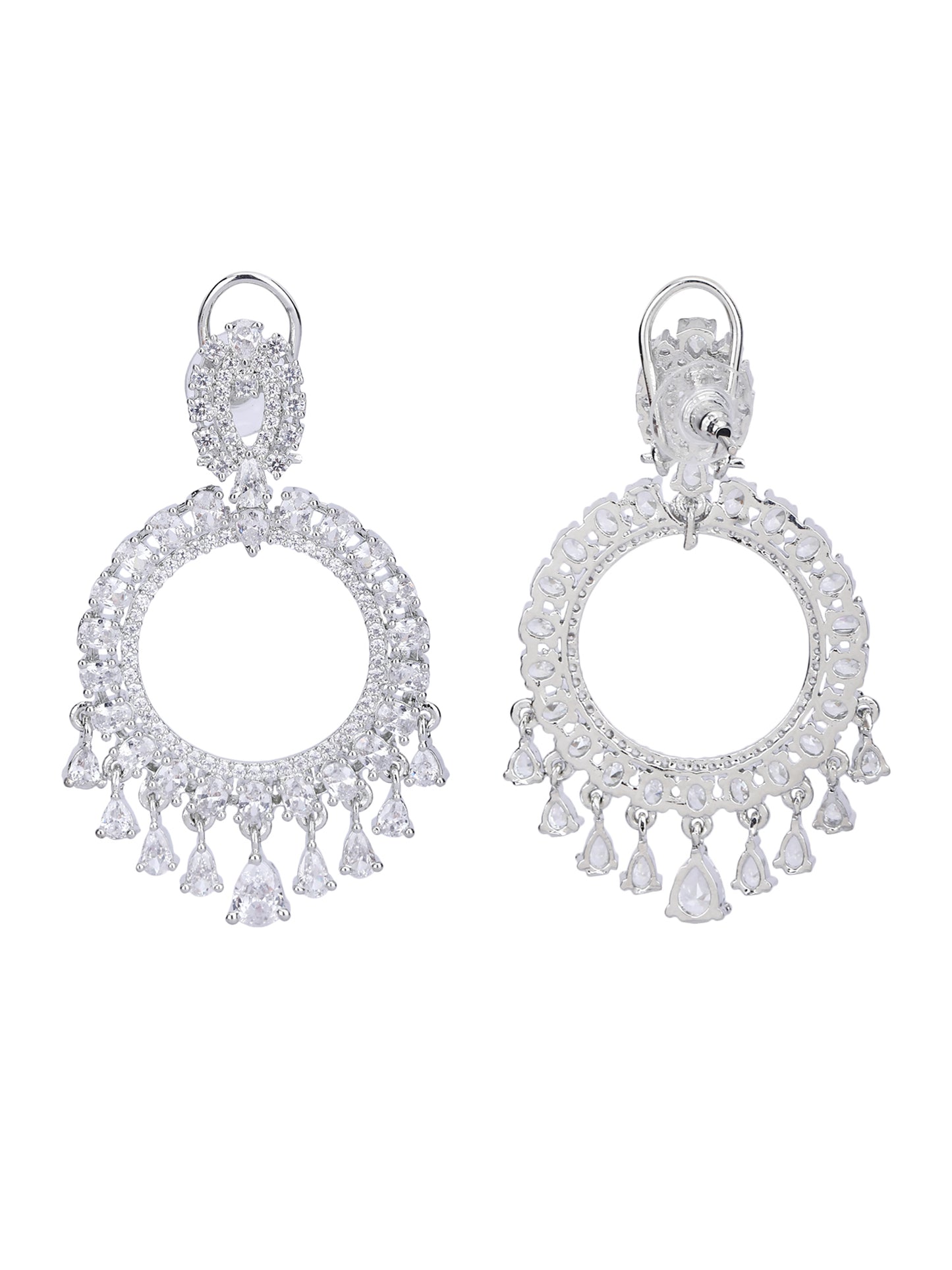 Rhodium Plated American Diamond Zircon White Earring Set For Women and Girls