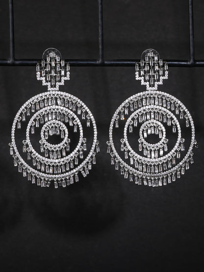 Rhodium Plated American Diamond Zircon White Earring Set For Women and Girls