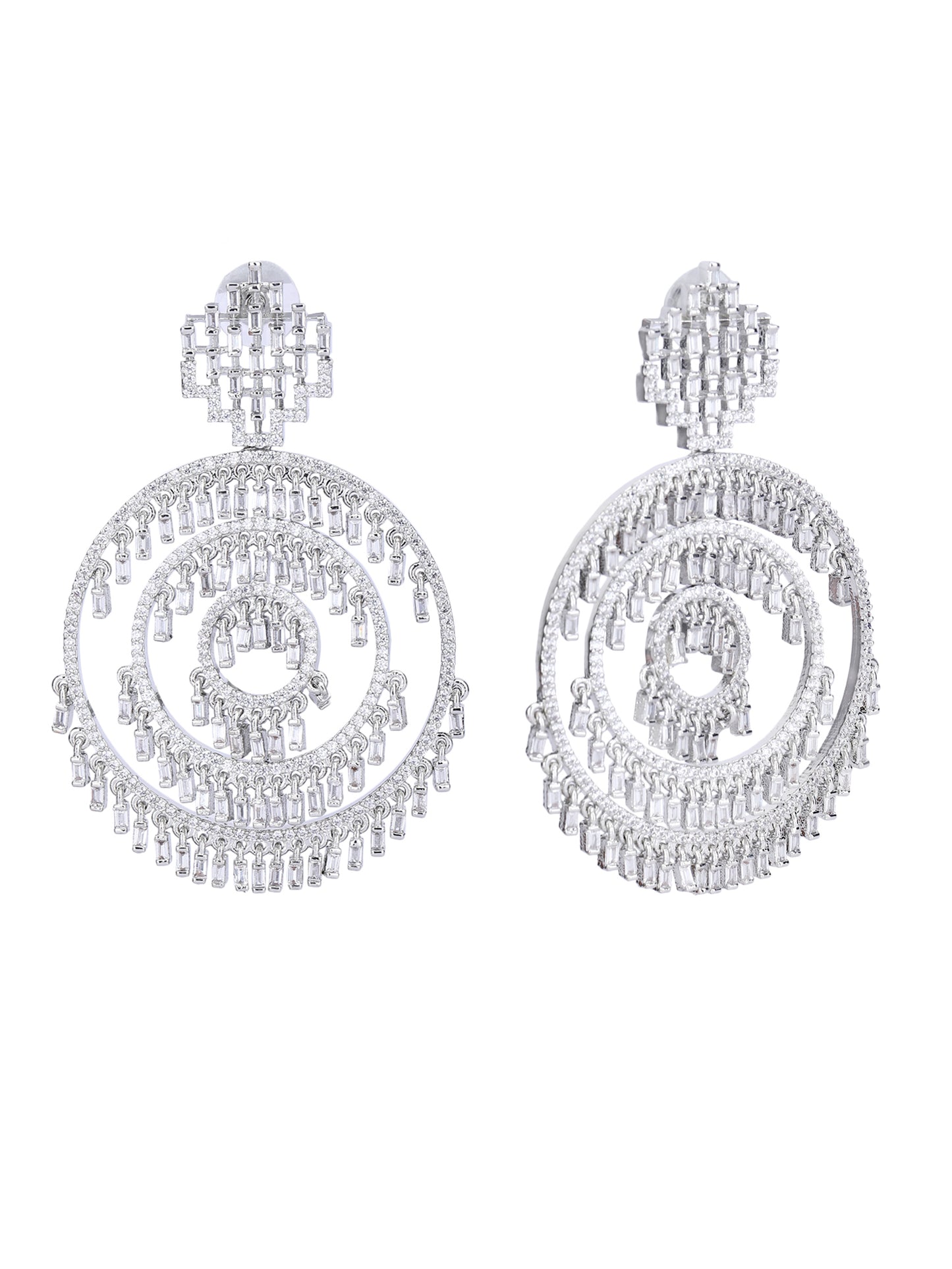 Rhodium Plated American Diamond Zircon White Earring Set For Women and Girls