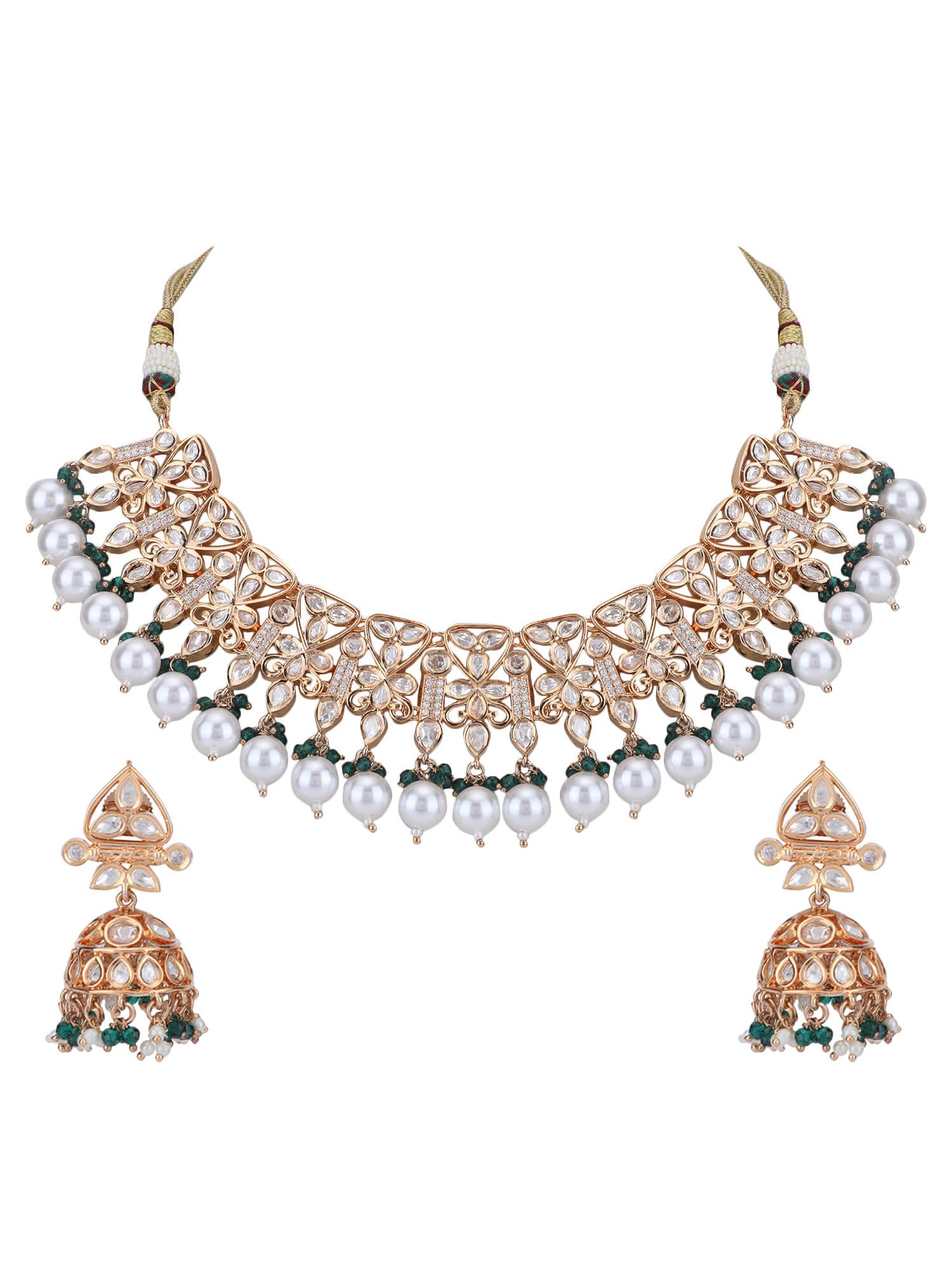 22KT Gold Plated Kundan Classic Green Beads Necklace Set