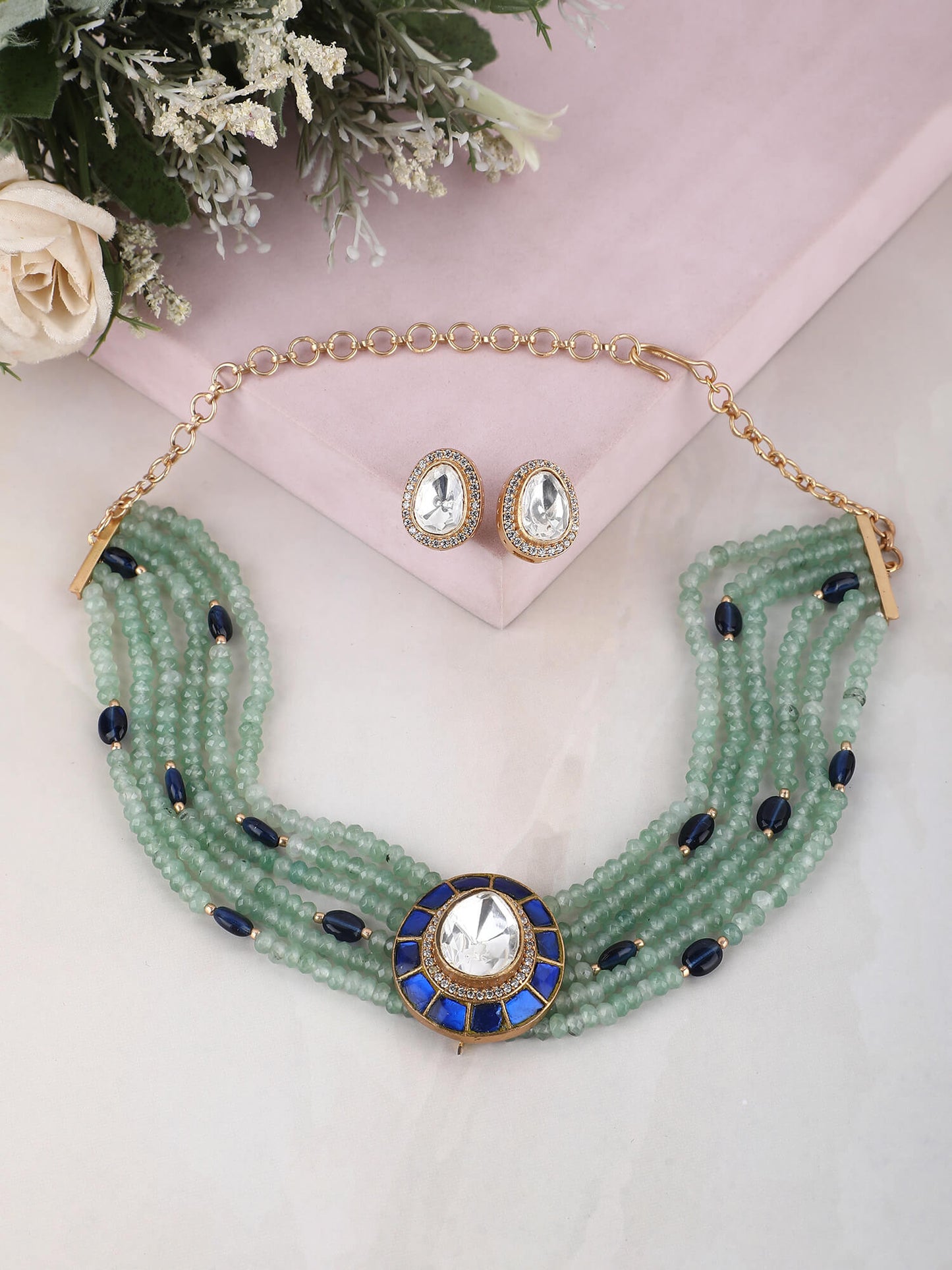 22KT Gold Plated Kundan Elegant Blue Choker Necklace Set