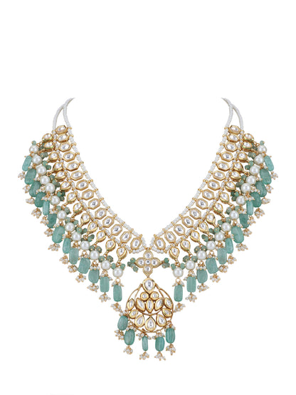 22KT Gold Plated Kundan Blue Beads Necklace Set
