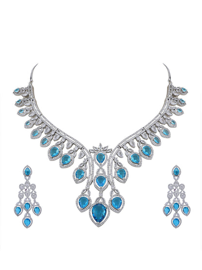 Rhodium Plated American Diamond Zircon Blue Necklace Set