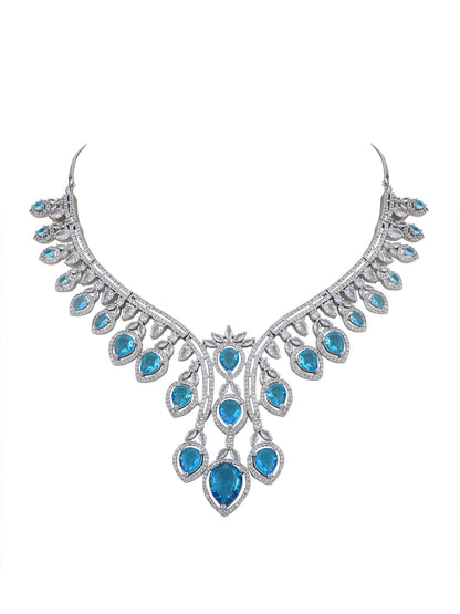 Rhodium Plated American Diamond Zircon Blue Necklace Set