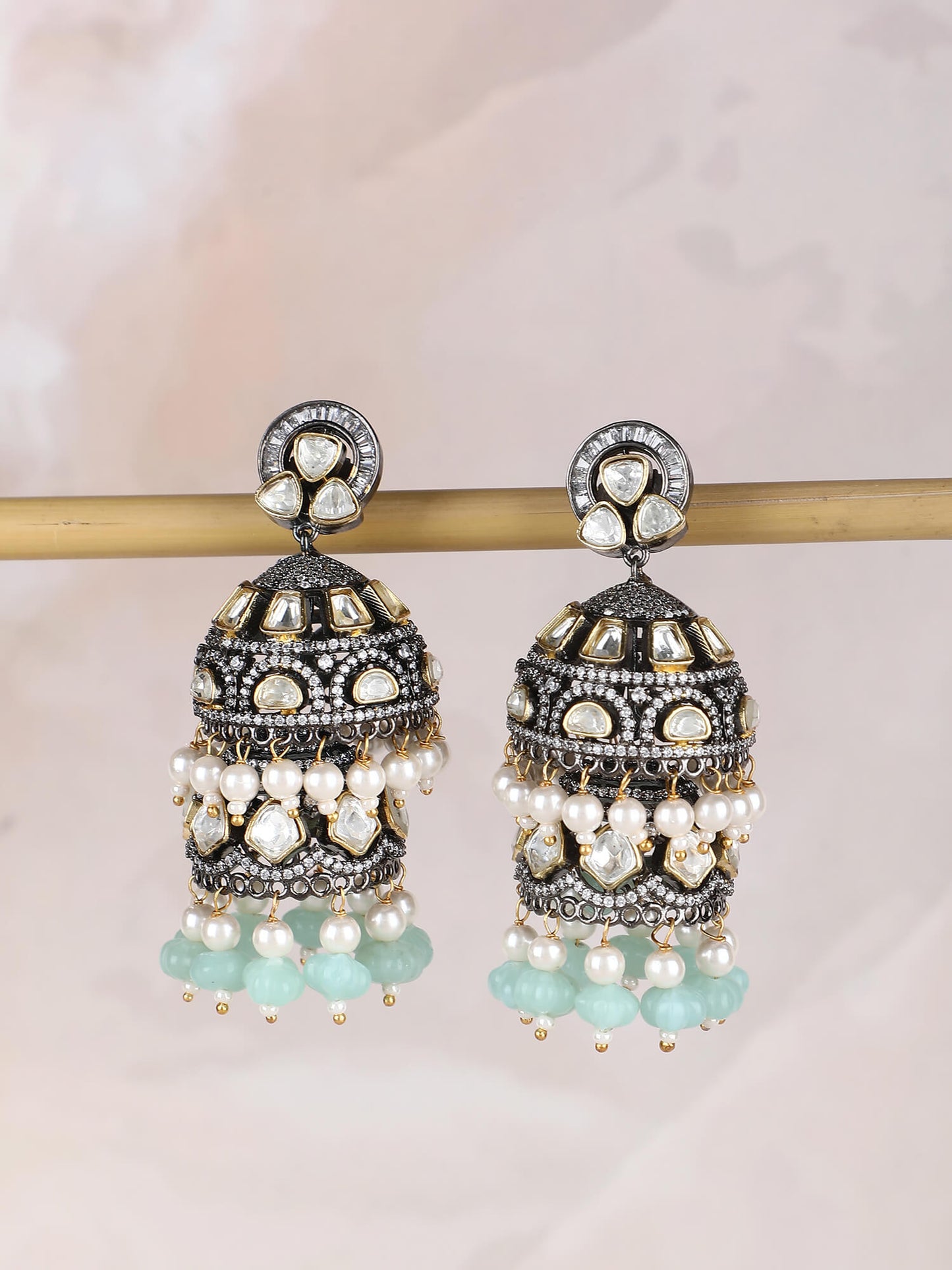 22KT gold Plated Kundan Elegant Grey Danglers Earring Set