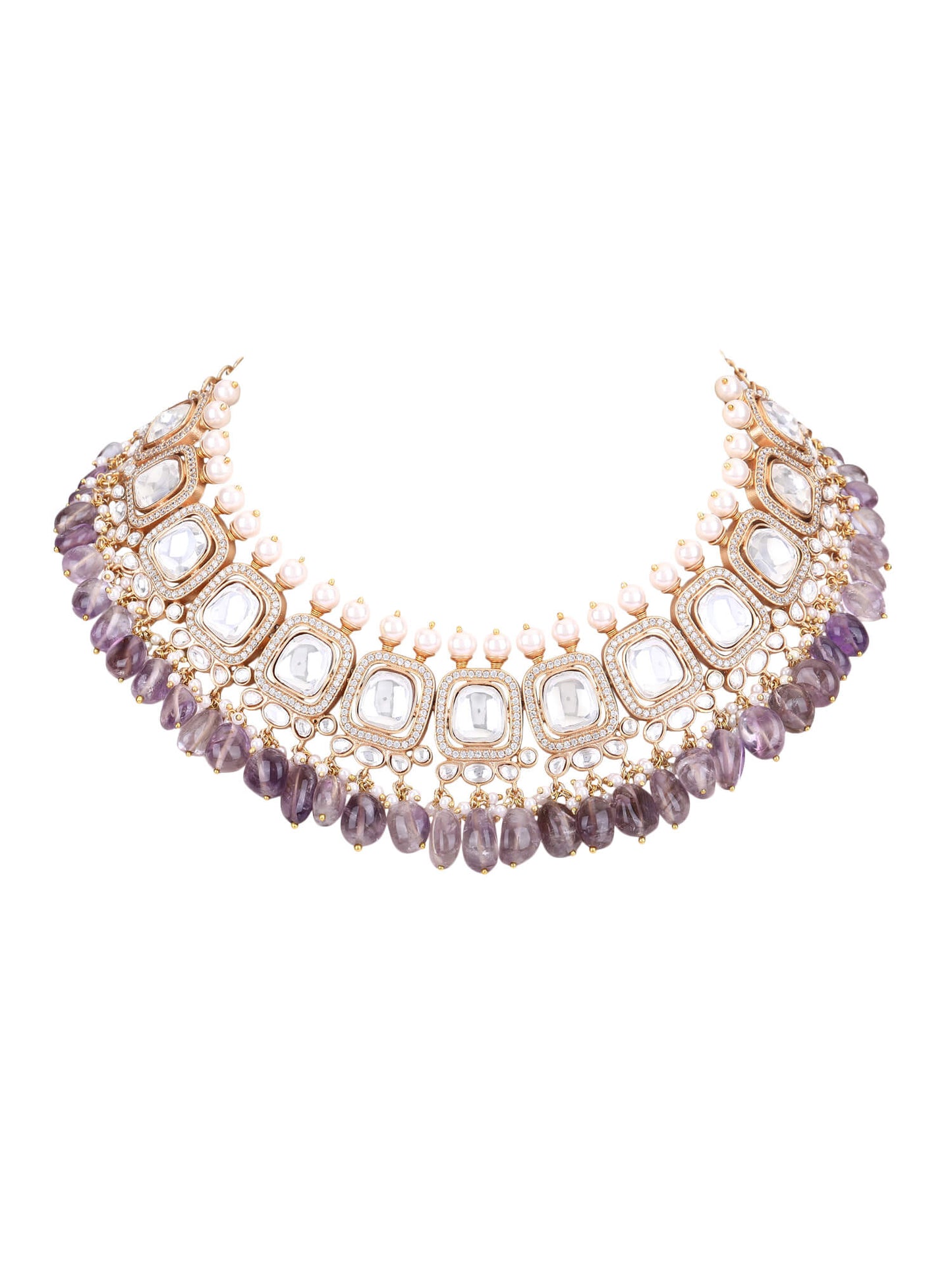 22KT Gold Plated Kundan Purple Beads Necklace Set