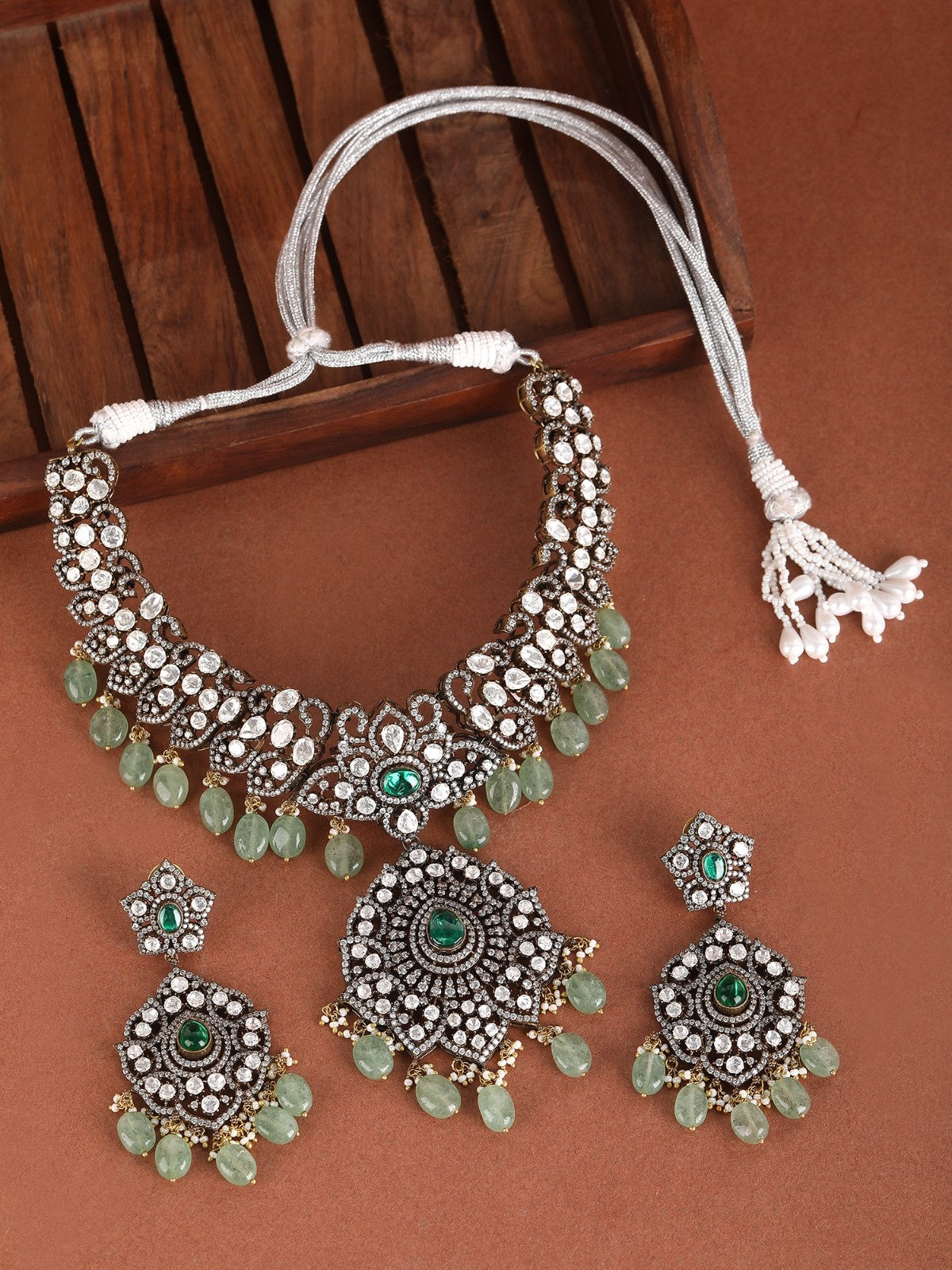 Rhodium Plated American Diamond Zircon Green Necklace Set