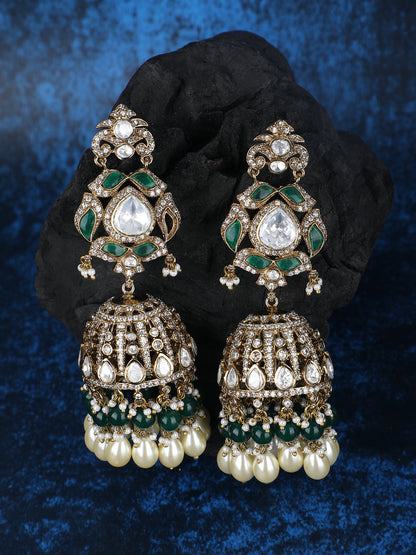 Green & Gold Polki Jhumka Earrings With Jade Tumbles