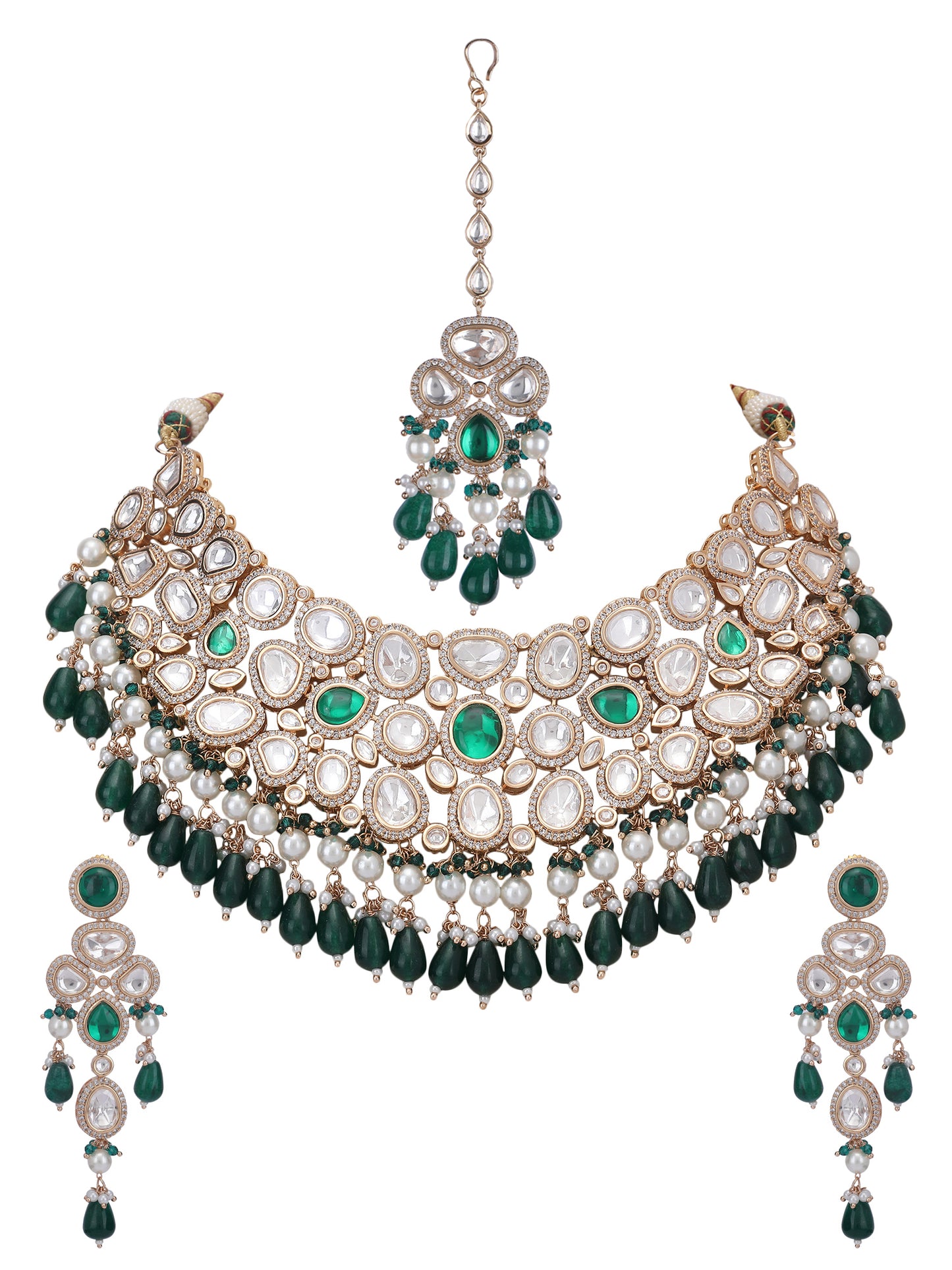 Green Polki Bridal Necklace Set For Girls