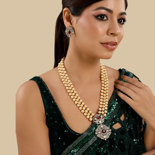 Stunning Triple-Layer Pearl Necklace Set with Antique Kundan Pendant and Earrings