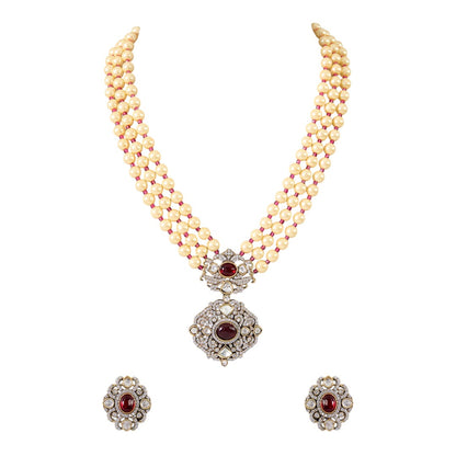 Stunning Triple-Layer Pearl Necklace Set with Antique Kundan Pendant and Earrings