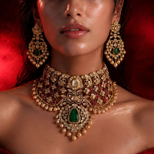 Bridal Kundan Meena Choker Set with Green Stone