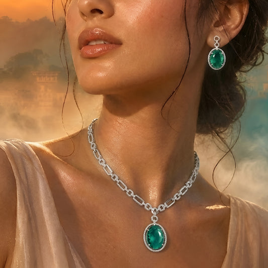 Silver-toned necklace set featuring an emerald green oval crystal pendant with matching drop earrings on a white background.