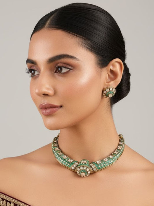 Elegant Mint Green Kundan Choker Necklace Set with Round Stud Earrings for Women