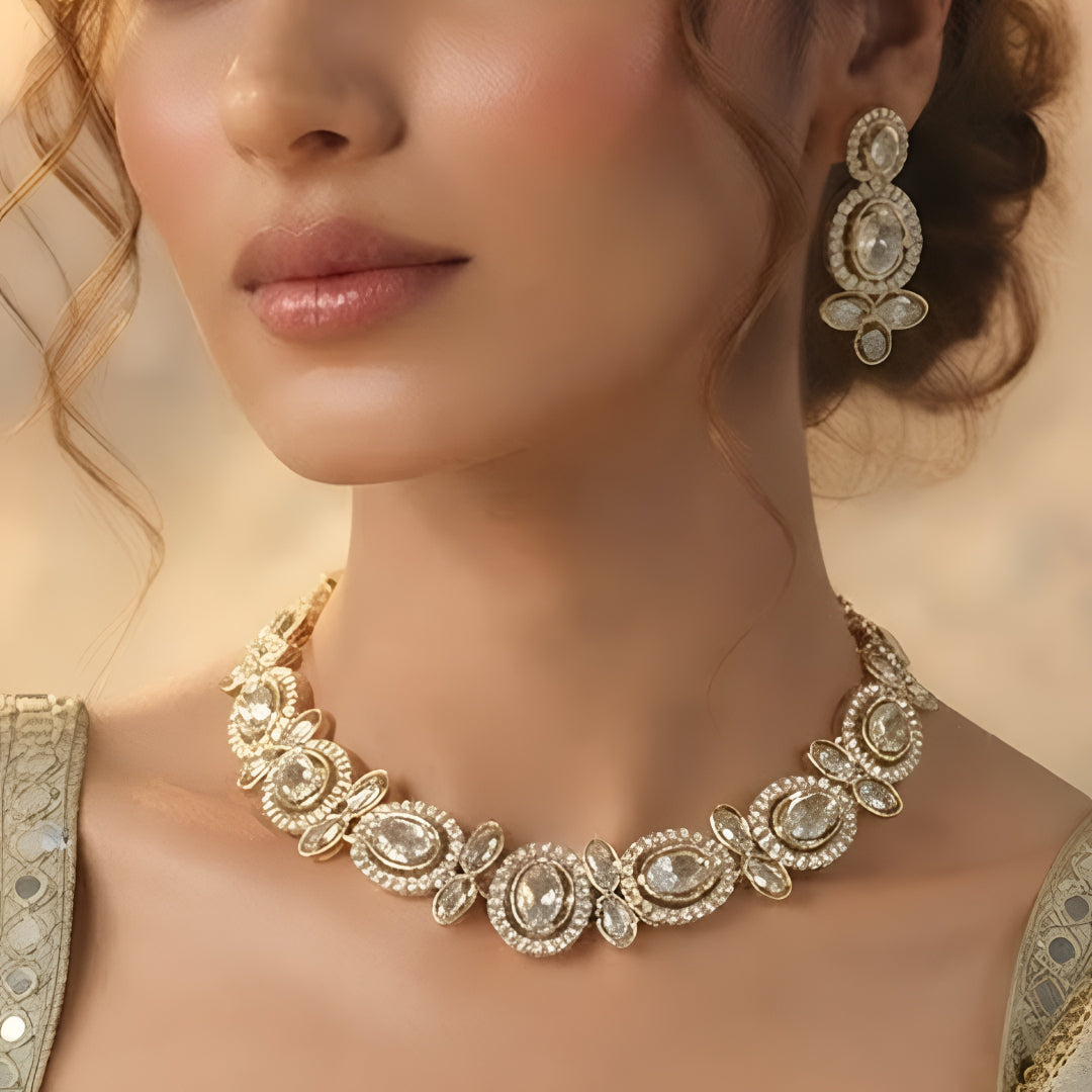 Rose gold oval crystal necklace set with matching drop earrings by Auraa Trends