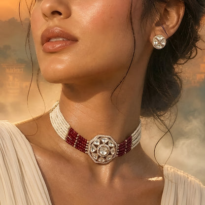 Handcrafted Kundan bracelet with red crystal bead strands and matching round stud earrings on a white background.