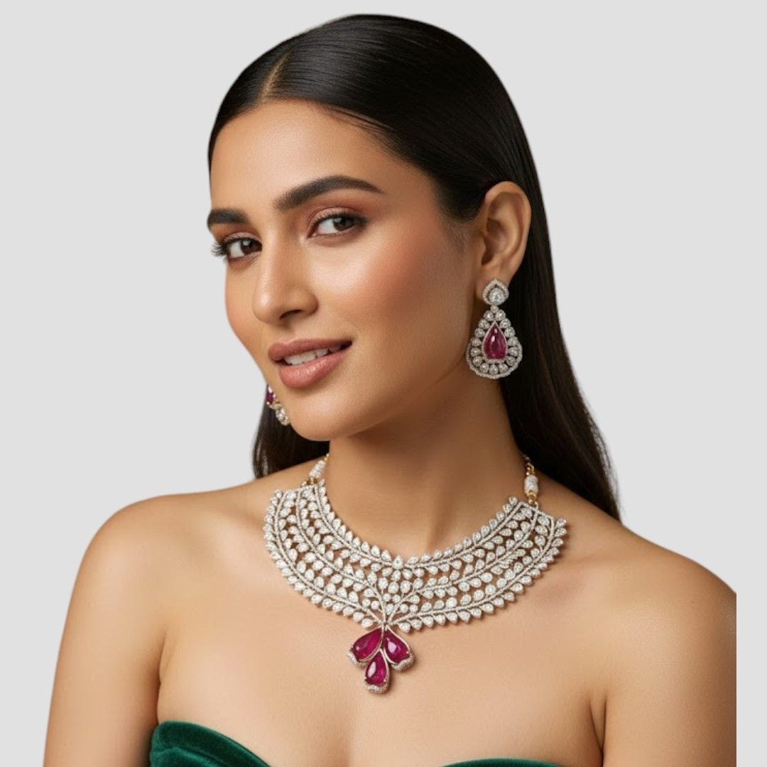 “Bridal Kundan choker necklace set with ruby red stones and matching earrings – Polki wedding jewelry”